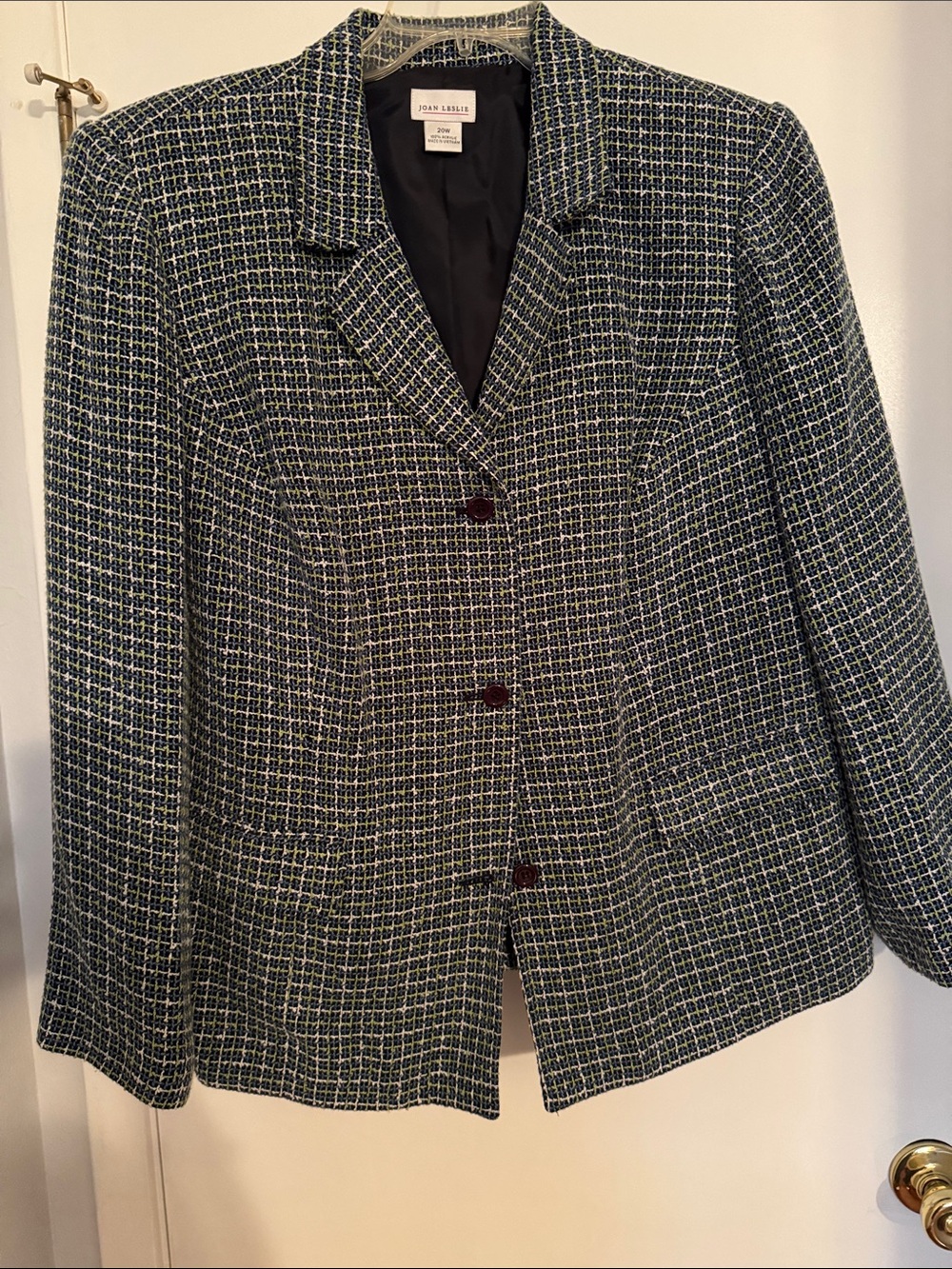 Joan Leslie Navy and White Tweed Blazer with Subtle Green Accent NWOT Sz 20w